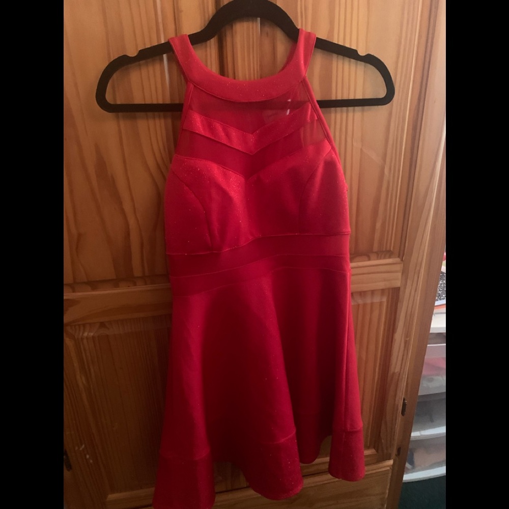 Red Sparkly Halter Top Jersey Formal Dress
